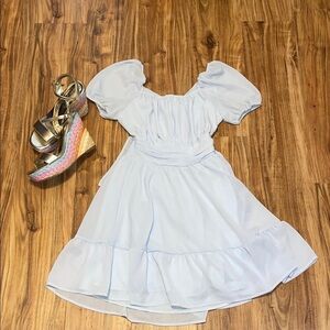 Exlura women’s XS 0 2 dress Light Blue Puff Sleeve mini tie open back NWT